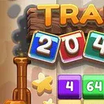 Kolorowe kafelki z numerami 2048, napis TRAIN oraz elementy przypominające lokomotywę