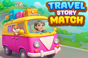 Kobieta i zwierzak jadący różowym vanem z bagażami na dachu, z napisem TRAVEL STORY MATCH obok