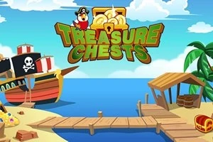 Piracki statek z czaszką, drewniane molo, tropikalna wyspa z palmami i skrzyniami skarbów na tle morza i nieba z napisem Treasure Chests