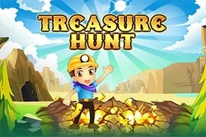 Postać w hełmie górniczym stojąca obok stosu złota na tle gór i błękitnego nieba z napisem Treasure Hunt