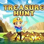 Postać w hełmie górniczym stojąca obok stosu złota na tle gór i błękitnego nieba z napisem Treasure Hunt