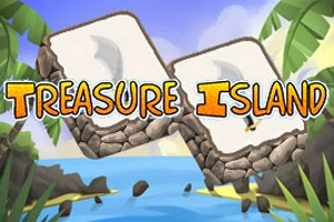 Napis Treasure Island na tle tropikalnej wyspy z palmami, kamieniami i morzem