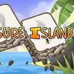 Napis Treasure Island na tle tropikalnej wyspy z palmami, kamieniami i morzem