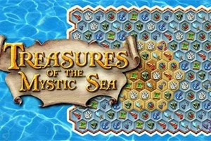Plansza z kolorowymi, sześciokątnymi polami i zwiniętym zwojem napisanym Treasures of the Mystic Sea na tle wody