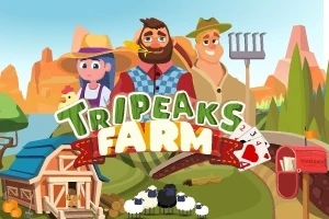 Trzech rolników w stylu kreskówkowym na farmie z napisem Tripeaks Farm oraz elementami gospodarstwa, takimi jak stodoła, owce, widły i skrzynka pocztowa