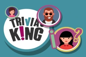 Napis Trivia King otoczony trzema okrągłymi ikonami z postaciami i znakami zapytania na niebieskim tle