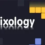 Napis Trixology otoczony kolorowymi klockami na ciemnym tle