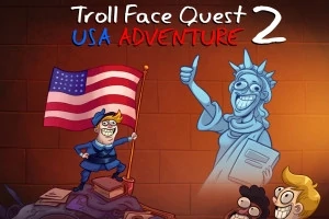 Postacie w humorystycznym stylu z flagą USA i parodią Statuy Wolności na tle, z uniesionym kciukiem i trollowymi uśmiechami