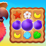 Kolorowa papuga w kapeluszu obok planszy z różnorodnymi ikonami owoców i muszelek na jasnym tle