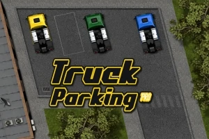 Trzy zaparkowane ciężarówki w kolorach żółtym, zielonym i niebieskim na parkingu, otoczone drzewami i budynkiem, z napisem Truck Parking Pro