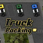 Trzy zaparkowane ciężarówki w kolorach żółtym, zielonym i niebieskim na parkingu, otoczone drzewami i budynkiem, z napisem Truck Parking Pro