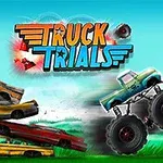 Monster truck przeskakujący nad wrakiem samochodu i uderzający w czerwone beczki z wybuchami, na tle logo Truck Trials