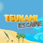 Nadmorska plaża z palmami, parawanem i piłką na piasku, w tle zbliżająca się fala tsunami oraz napis Tsunami Escape na niebieskim niebie z widocznym słońcem