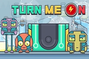 Trzy kolorowe postacie z dużymi oczami przed panelem z napisem TURN ME ON w tle z laboratorium