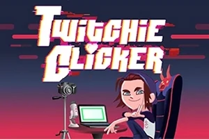 Postać kreskówkowa siedząca przy biurku z laptopem, mikrofonem i kamerą, z tytułem Twitchie Clicker w tle