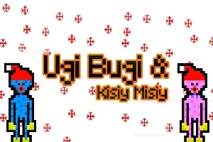 Dwóch pikselowych kolorowych stworków w czapkach świątecznych otoczonych płatkami śniegu z tekstem „Ugi Bugi & Książy Misią” na środku