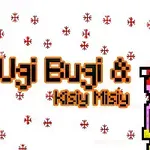 Dwóch pikselowych kolorowych stworków w czapkach świątecznych otoczonych płatkami śniegu z tekstem „Ugi Bugi & Książy Misią” na środku