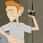 Animowana postać o rudych włosach robiąca selfie w lustrze, odsłaniając brzuch