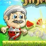 Starszy mężczyzna z wąsami w białym nakryciu głowy i czerwonym stroju biegnie w kierunku żółwia na trawiastym tle z pękającym arbuzem pomiędzy nimi