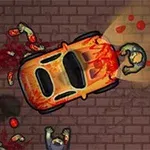 Samochód uderza w zombie na brukowanej drodze, otoczony plamami krwi i porozrzucanymi szczątkami