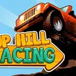 Pomarańczowy jeep wznoszący się nad górką na niebieskim tle z kolorowym napisem Up Hill Racing