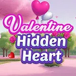 Kolorowy krajobraz z różowymi i zielonymi drzewami, unoszącymi się balonami w kształcie serc oraz napisem Valentine Hidden Heart