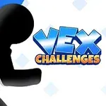 Czarna sylwetka postaci w biegu na tle niebieskich linii z napisem VEX Challenges po prawej stronie