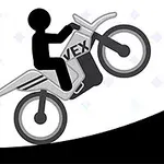 Czarna postać na motocyklu z napisem VEX jedzie pod górę obok znaku ostrzegawczego