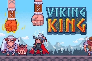 W pikselowej grafice przedstawiono wikinga z rogami i młotem, a także postacie i duże pięści zawieszone nad ziemią, z napisem Viking King na tle górskiego krajobrazu