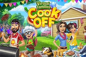 Kolorowa ilustracja z napisem „Virtual Families Cook Off, przedstawiająca rodzinę grillującą w ogrodzie przy domu z jedzeniem na stole, płomieniami z grilla i psem
