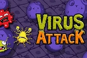 Kolorowe kreskówkowe wirusy na fioletowym tle z dużym napisem VIRUS ATTACK