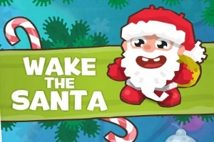 Postać Mikołaja z dużą białą brodą w czerwonym ubraniu, stojąca obok napisu Wake the Santa na zielonym tle z cukrowymi laskami