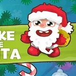 Postać Mikołaja z dużą białą brodą w czerwonym ubraniu, stojąca obok napisu Wake the Santa na zielonym tle z cukrowymi laskami