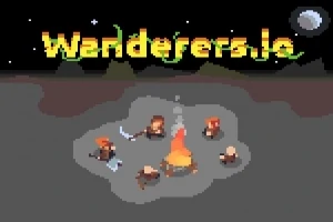 Postacie w pikselowej grafice siedzące wokół ogniska pod nocnym niebem z napisem Wanderers