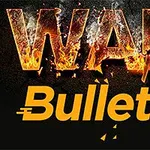 Napis WAR w płomieniach nad żółtym słowem Bullet z ikoną pocisku na czarnym tle