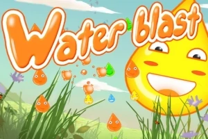 Napis Water blast z uśmiechniętą kroplą wody wśród traw i kwiatów na tle nieba