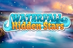 Napis Waterfall Hidden Stars z wodospadem w tle na jasnym niebie z chmurami