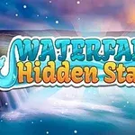 Napis Waterfall Hidden Stars z wodospadem w tle na jasnym niebie z chmurami