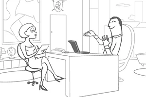 Whack Your PC Mężczyzna i kobieta siedzą przy biurku w biurze, oboje zaangażowani w rozmowę, z laptopem i notatnikiem na biurku
