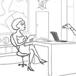 Whack Your PC Mężczyzna i kobieta siedzą przy biurku w biurze, oboje zaangażowani w rozmowę, z laptopem i notatnikiem na biurku