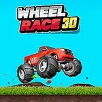 Czerwony samochód terenowy z dużymi kołami unosi się nad ziemią, na tle niebieskiego nieba z trawiastym podłożem, z napisem Wheel Race 3D na górze