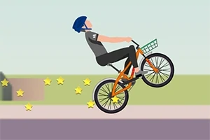 Osoba na rowerze z koszykiem jedzie na jednym kole, a za nią unosi się ślad z gwiazdek