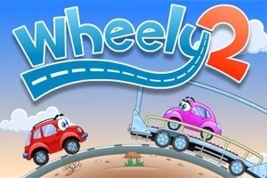 Czerwony i różowy samochodzik na tle napisu Wheely 2 w kreskówkowym stylu