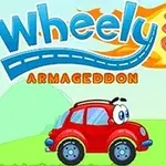 Czerwony, uśmiechnięty samochodzik z oczami na tle krajobrazu z wiatrakiem i wielkim napisem