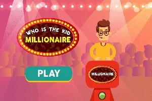 Scena przedstawia postać stojącą przy podium z dużym napisem Who is the Kid Millionaire i przyciskiem Play na kolorowym tle z reflektorami