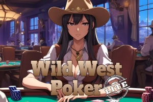 Kobieta w kowbojskim kapeluszu siedząca przy stole pokerowym w saloonie, otoczona przez innych graczy