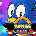 Niebieski ptak z dużymi oczami i złotym pierścieniem z napisem Wings Rush 2 na tle kolorowych rozmytych gwiazd