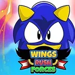 Niebieska postać z rogami i dużymi oczami na kolorowym tle z napisem Wings Rush Forces