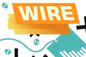 Napis WIRE na pomarańczowym tle z geometrycznymi kształtami i liniami w tle