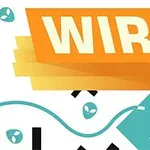 Napis WIRE na pomarańczowym tle z geometrycznymi kształtami i liniami w tle